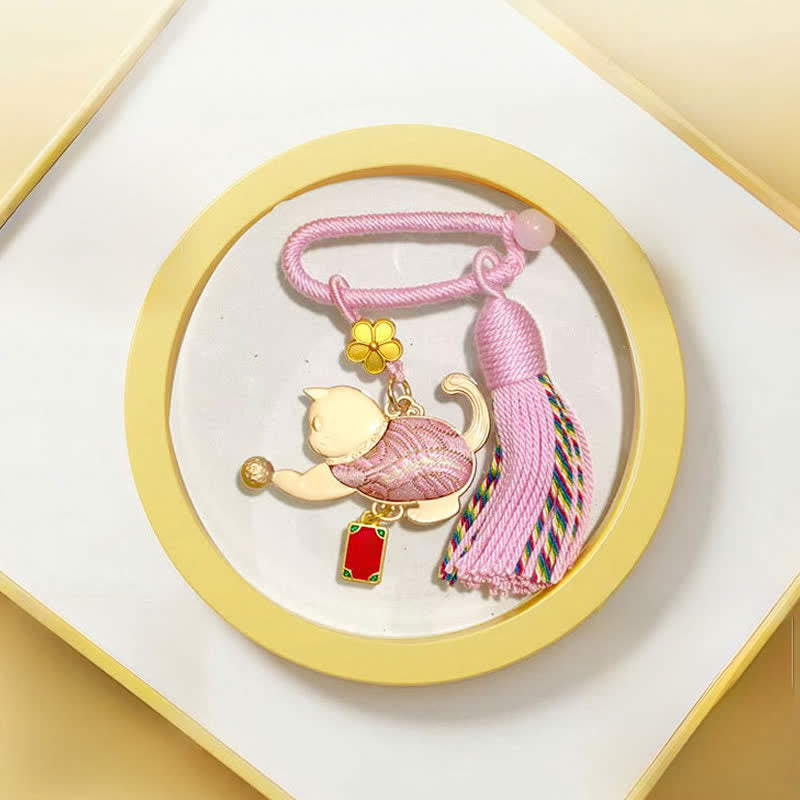 Nimara Ritual Song Brocade Lucky Beckoning Cat Tassel Gift Box Keychain