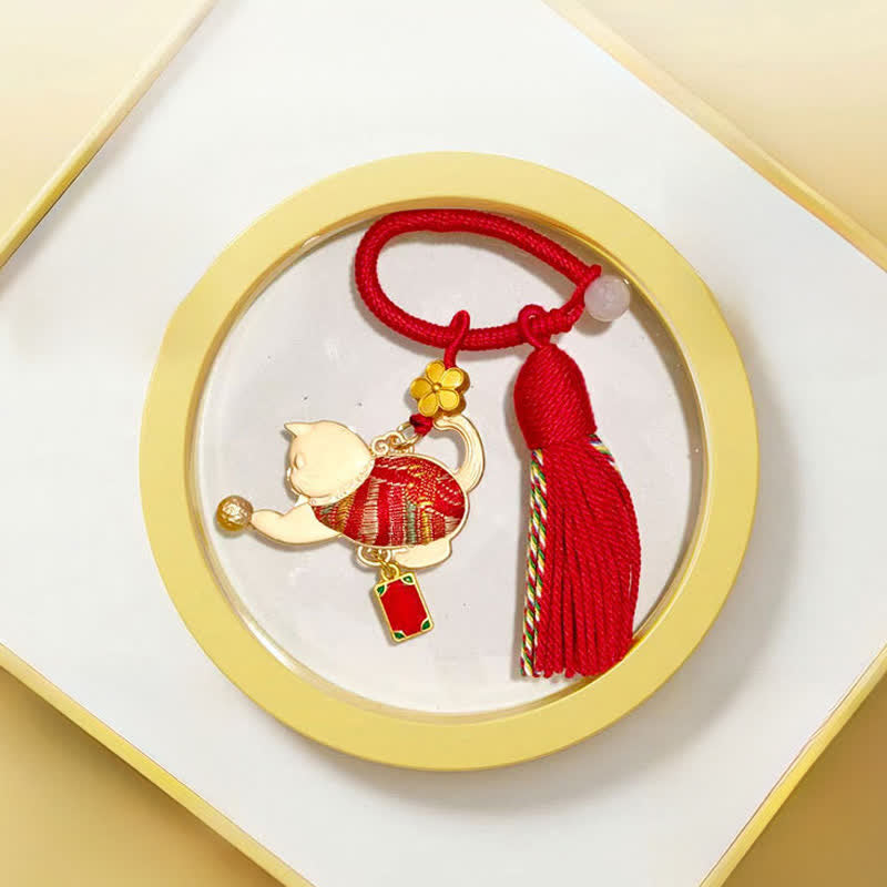 Nimara Ritual Song Brocade Lucky Beckoning Cat Tassel Gift Box Keychain