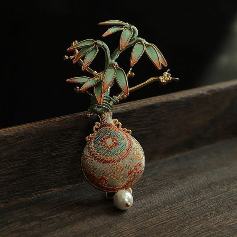 Nimara Ritual Song Brocade Bamboo Leaves Vase Design Balance Brooch