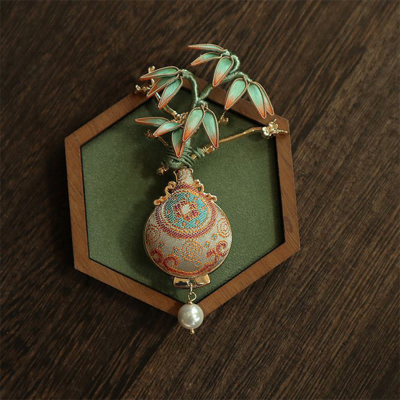 Nimara Ritual Song Brocade Bamboo Leaves Vase Design Balance Brooch