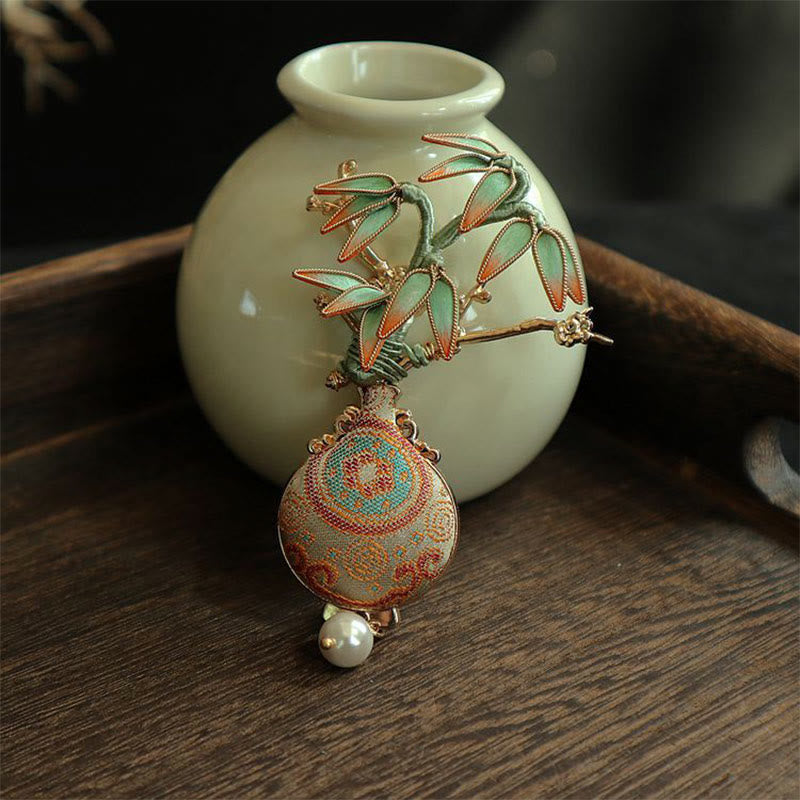 Nimara Ritual Song Brocade Bamboo Leaves Vase Design Balance Brooch