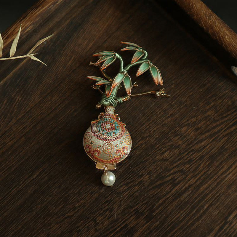 Nimara Ritual Song Brocade Bamboo Leaves Vase Design Balance Brooch