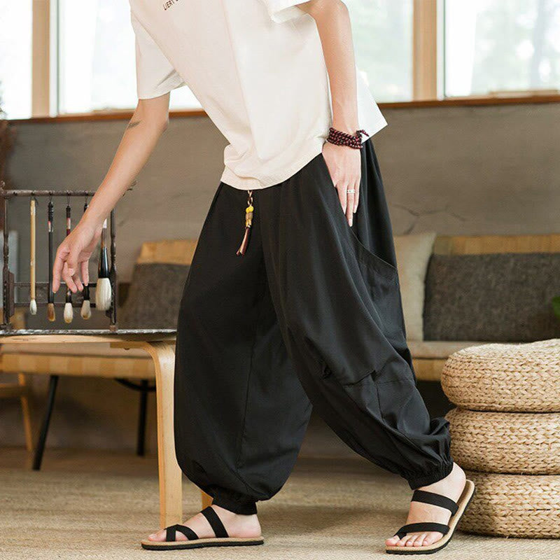 Nimara Ritual Summer Casual Vintage Drawstring Solid Ankle Length Pants Men's Harem Pants With Pockets