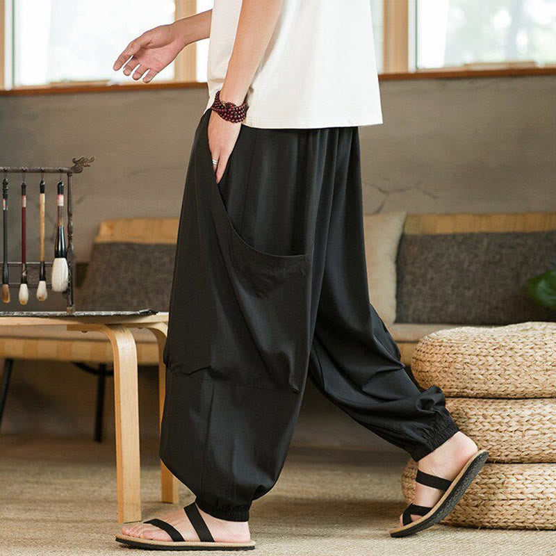 Nimara Ritual Summer Casual Vintage Drawstring Solid Ankle Length Pants Men's Harem Pants With Pockets