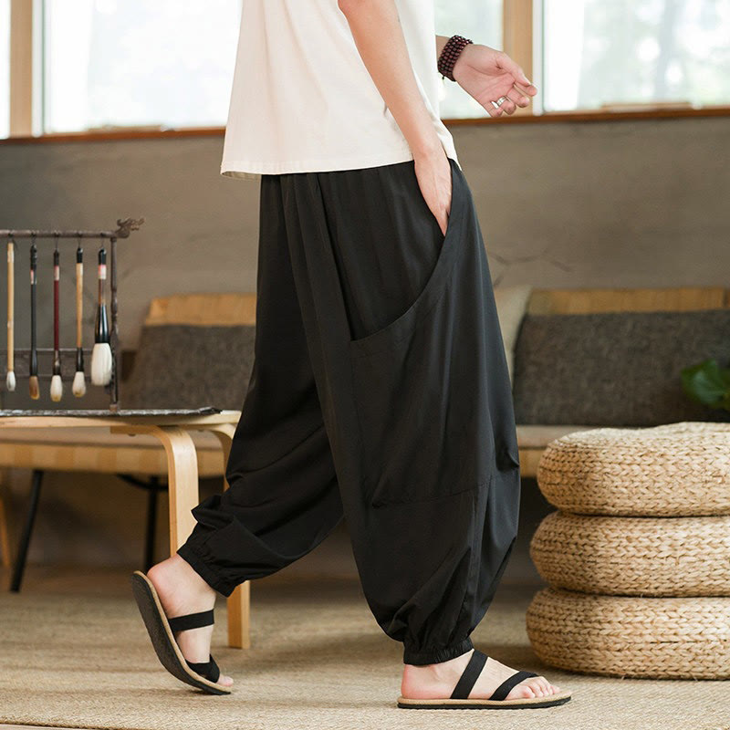 Nimara Ritual Summer Casual Vintage Drawstring Solid Ankle Length Pants Men's Harem Pants With Pockets