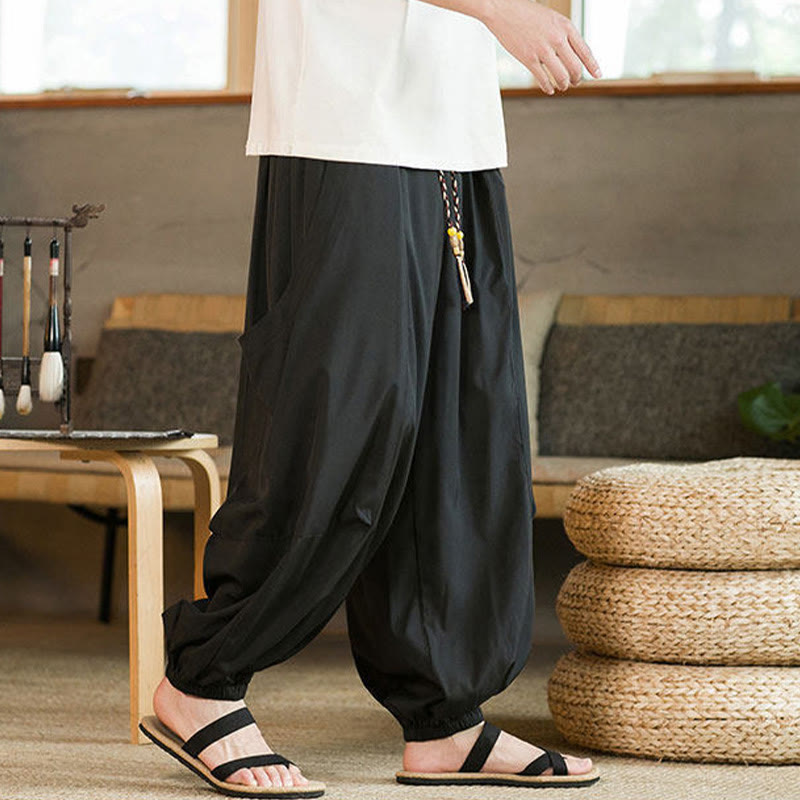 Nimara Ritual Summer Casual Vintage Drawstring Solid Ankle Length Pants Men's Harem Pants With Pockets