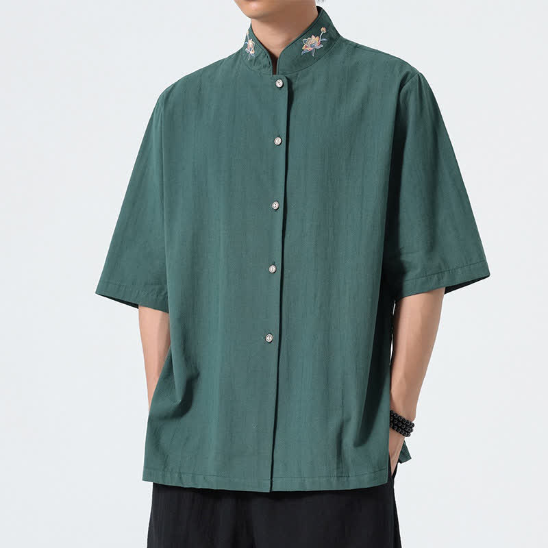 Nimara Ritual Summer Tang Style Mandarin Collar Lotus Embroidery Solid Men's Shirts