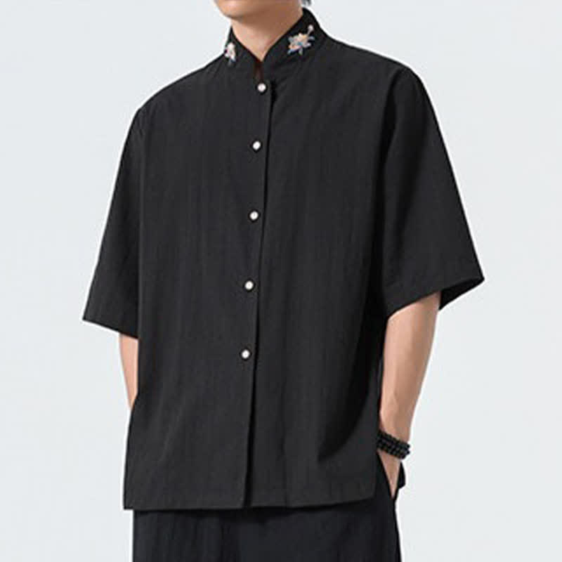 Nimara Ritual Summer Tang Style Mandarin Collar Lotus Embroidery Solid Men's Shirts