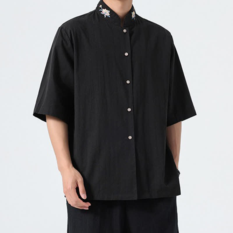 Nimara Ritual Summer Tang Style Mandarin Collar Lotus Embroidery Solid Men's Shirts