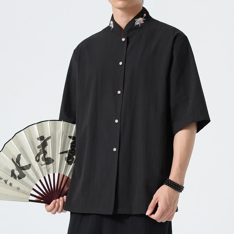 Nimara Ritual Summer Tang Style Mandarin Collar Lotus Embroidery Solid Men's Shirts