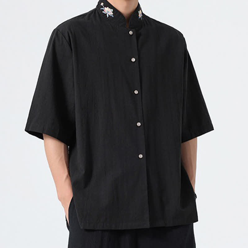 Nimara Ritual Summer Tang Style Mandarin Collar Lotus Embroidery Solid Men's Shirts
