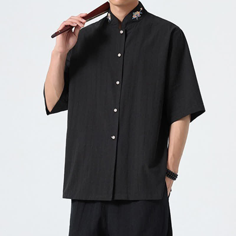 Nimara Ritual Summer Tang Style Mandarin Collar Lotus Embroidery Solid Men's Shirts