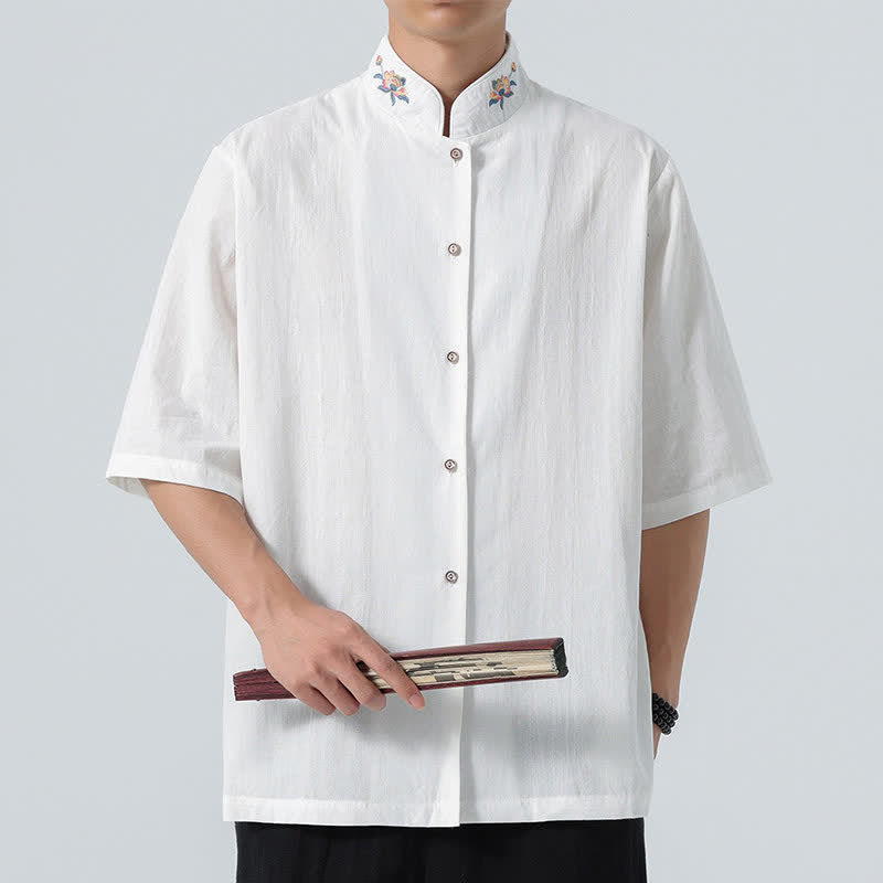 Nimara Ritual Summer Tang Style Mandarin Collar Lotus Embroidery Solid Men's Shirts