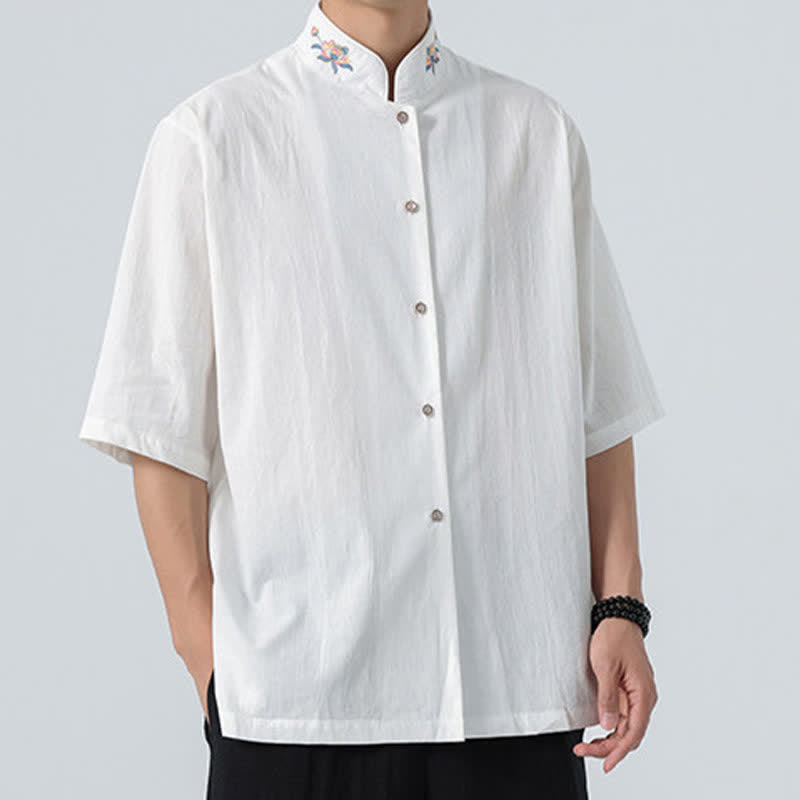 Nimara Ritual Summer Tang Style Mandarin Collar Lotus Embroidery Solid Men's Shirts