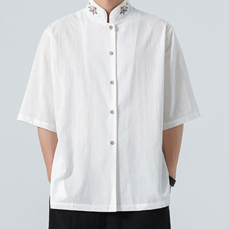 Nimara Ritual Summer Tang Style Mandarin Collar Lotus Embroidery Solid Men's Shirts