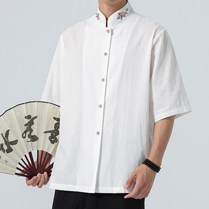 Nimara Ritual Summer Tang Style Mandarin Collar Lotus Embroidery Solid Men's Shirts