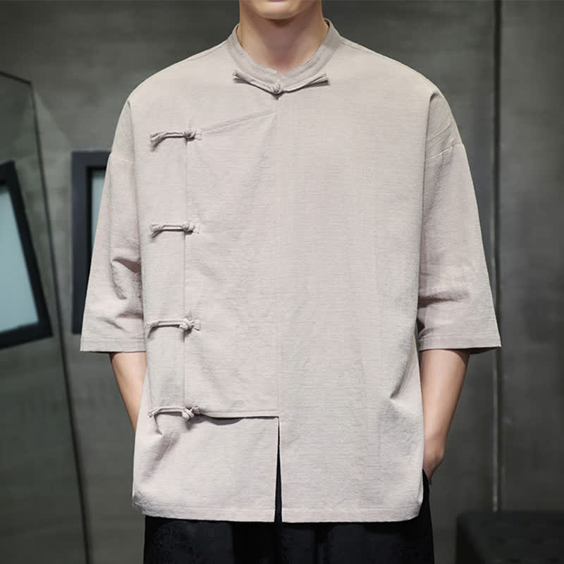 Nimara Ritual Summer Tang Style Mandarin Collar Frog Button Solid Short Sleeve Men's Shirts