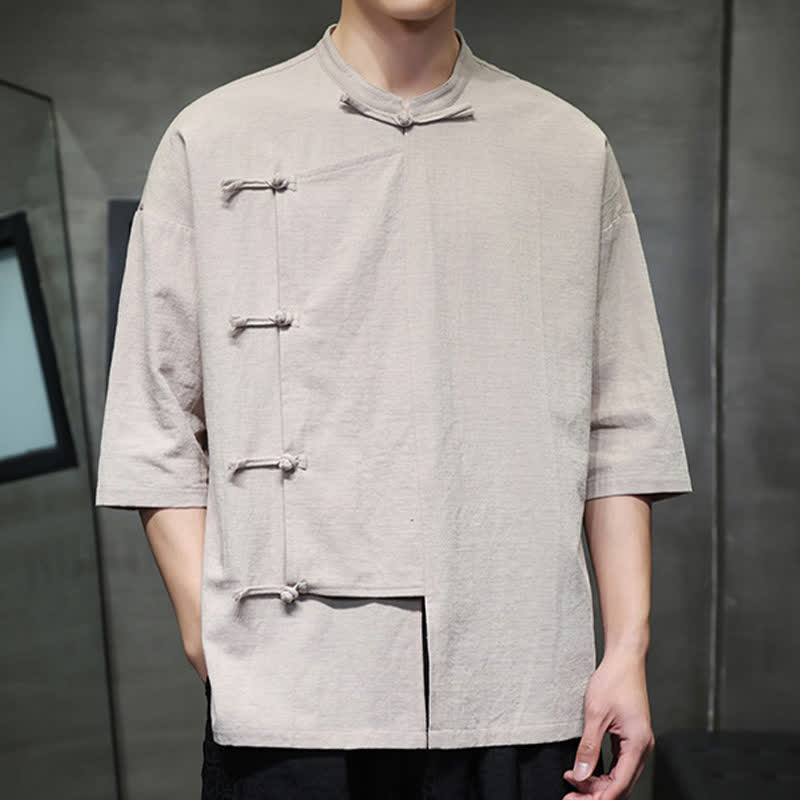Nimara Ritual Summer Tang Style Mandarin Collar Frog Button Solid Short Sleeve Men's Shirts