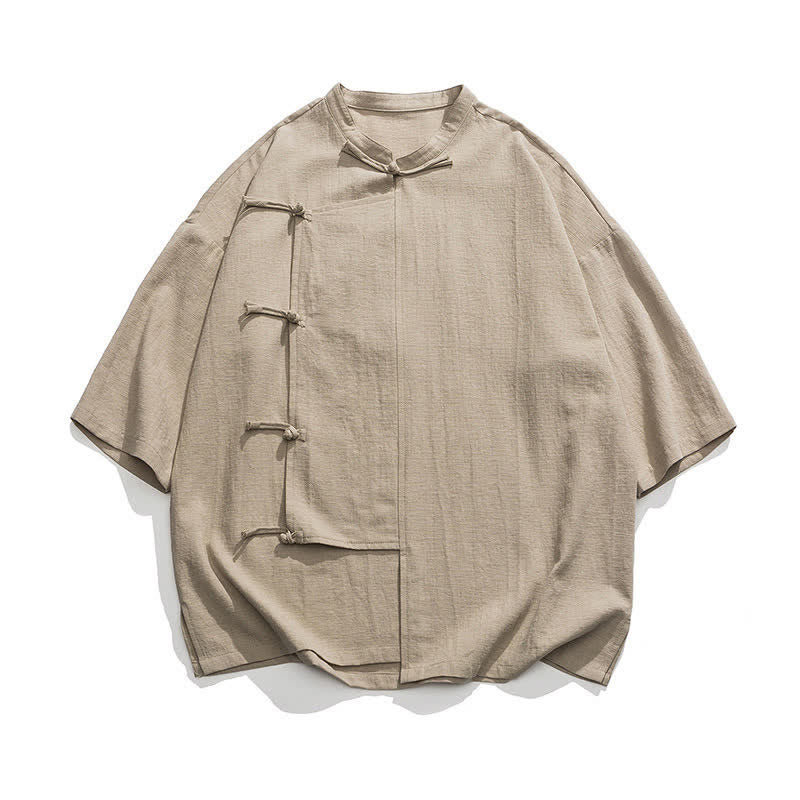 Nimara Ritual Summer Tang Style Mandarin Collar Frog Button Solid Short Sleeve Men's Shirts