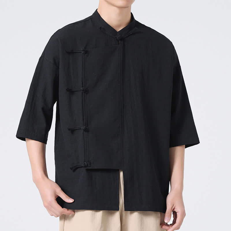 Nimara Ritual Summer Tang Style Mandarin Collar Frog Button Solid Short Sleeve Men's Shirts