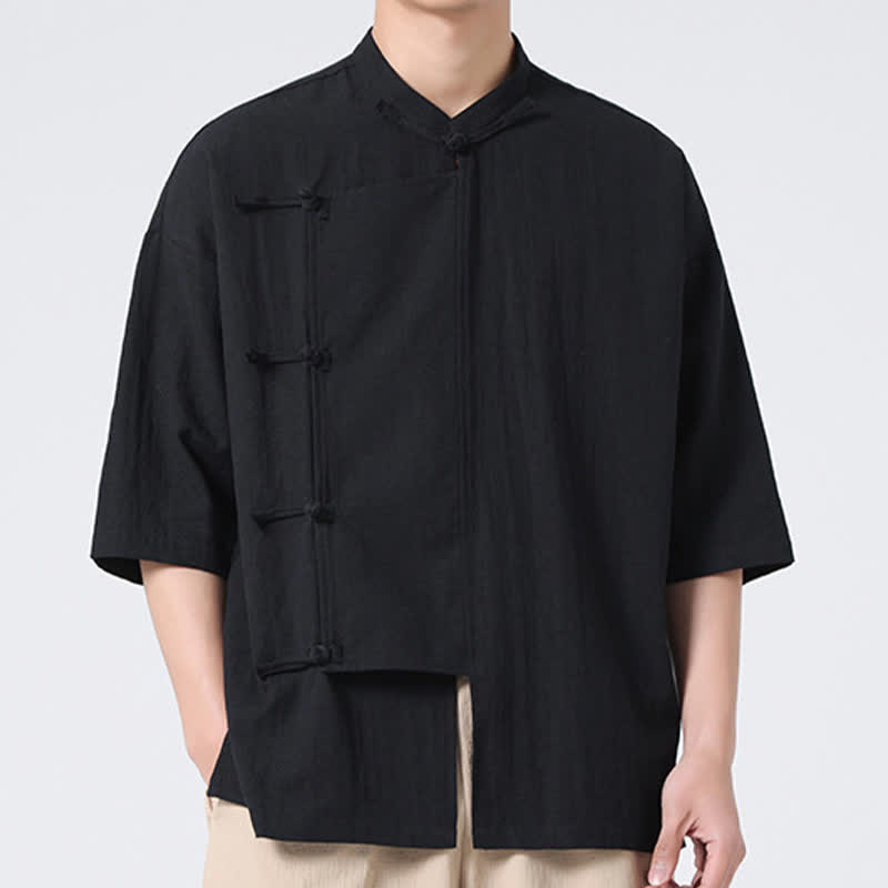 Nimara Ritual Summer Tang Style Mandarin Collar Frog Button Solid Short Sleeve Men's Shirts