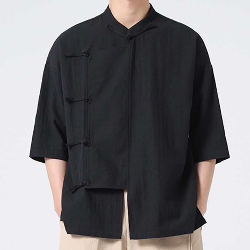 Nimara Ritual Summer Tang Style Mandarin Collar Frog Button Solid Short Sleeve Men's Shirts