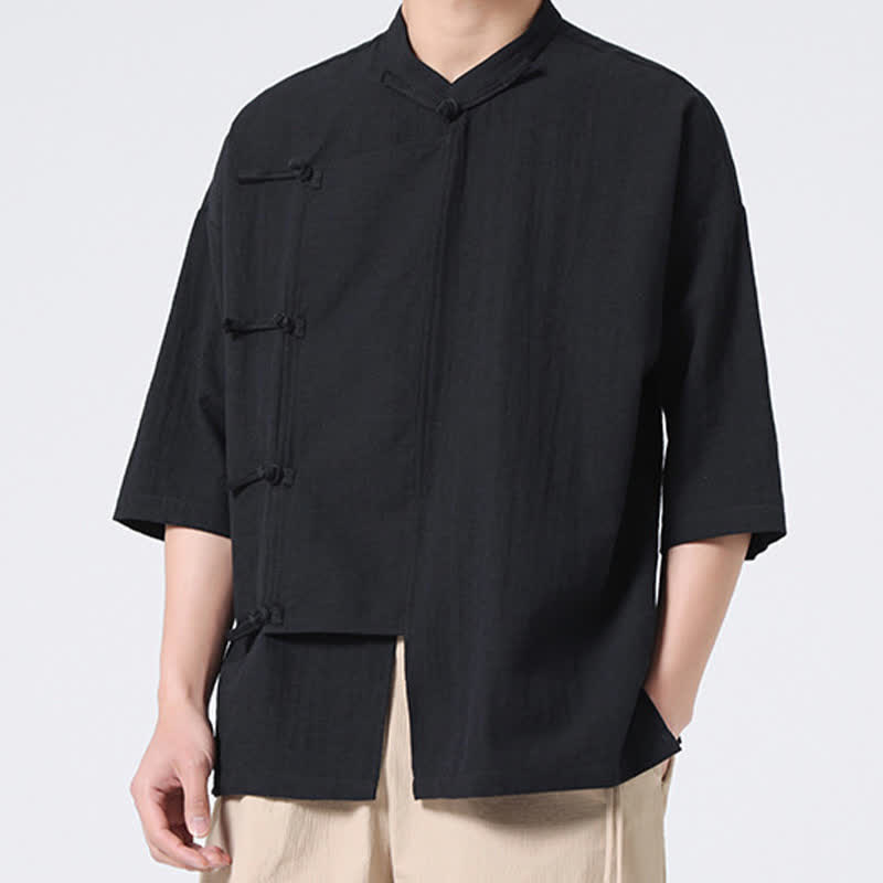 Nimara Ritual Summer Tang Style Mandarin Collar Frog Button Solid Short Sleeve Men's Shirts