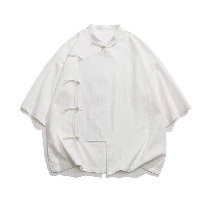 Nimara Ritual Summer Tang Style Mandarin Collar Frog Button Solid Short Sleeve Men's Shirts