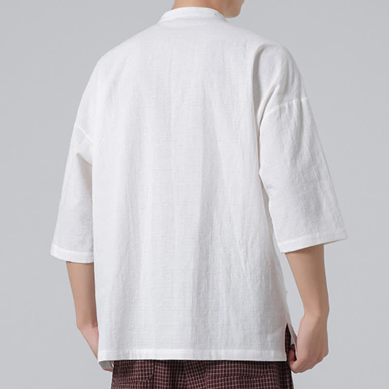 Nimara Ritual Summer Tang Style Mandarin Collar Frog Button Solid Short Sleeve Men's Shirts