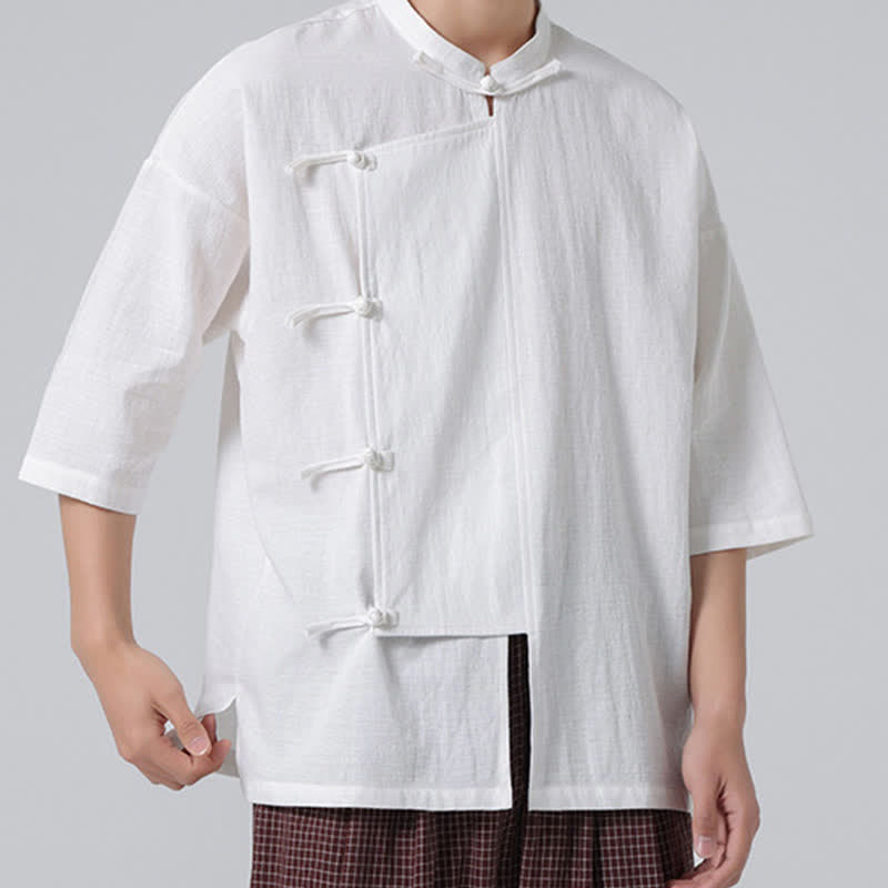 Nimara Ritual Summer Tang Style Mandarin Collar Frog Button Solid Short Sleeve Men's Shirts