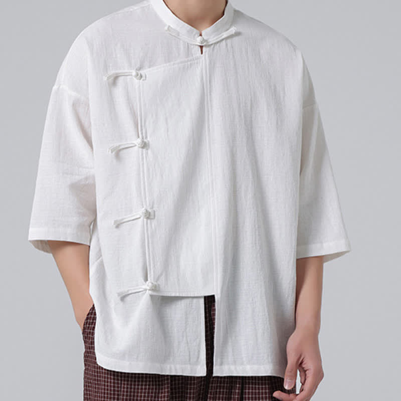 Nimara Ritual Summer Tang Style Mandarin Collar Frog Button Solid Short Sleeve Men's Shirts