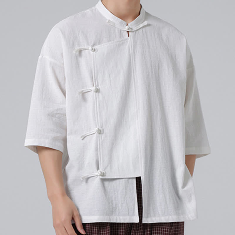 Nimara Ritual Summer Tang Style Mandarin Collar Frog Button Solid Short Sleeve Men's Shirts