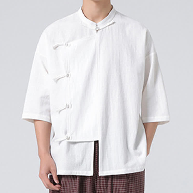 Nimara Ritual Summer Tang Style Mandarin Collar Frog Button Solid Short Sleeve Men's Shirts