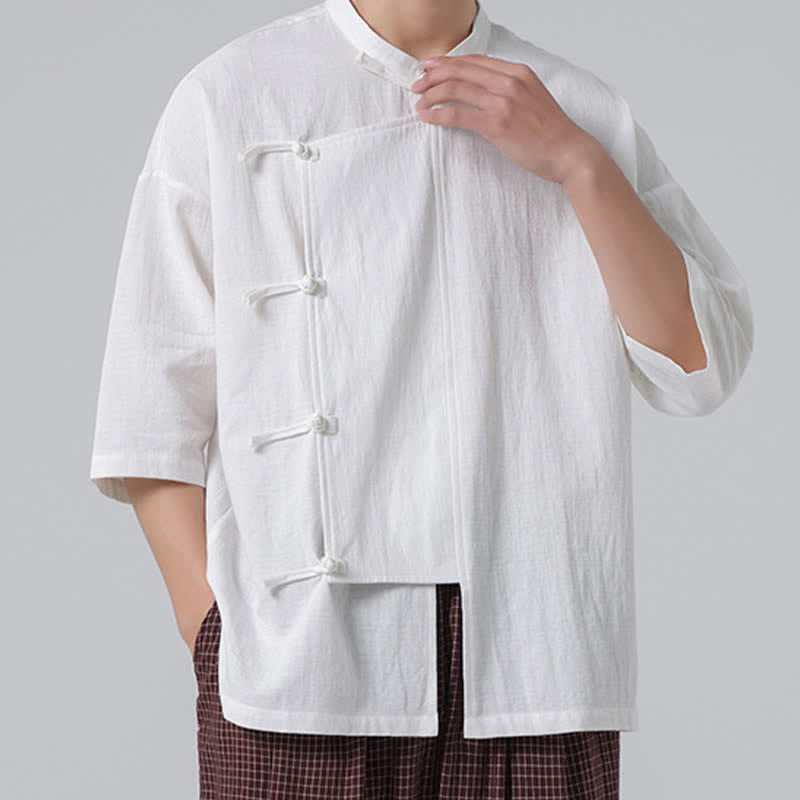 Nimara Ritual Summer Tang Style Mandarin Collar Frog Button Solid Short Sleeve Men's Shirts