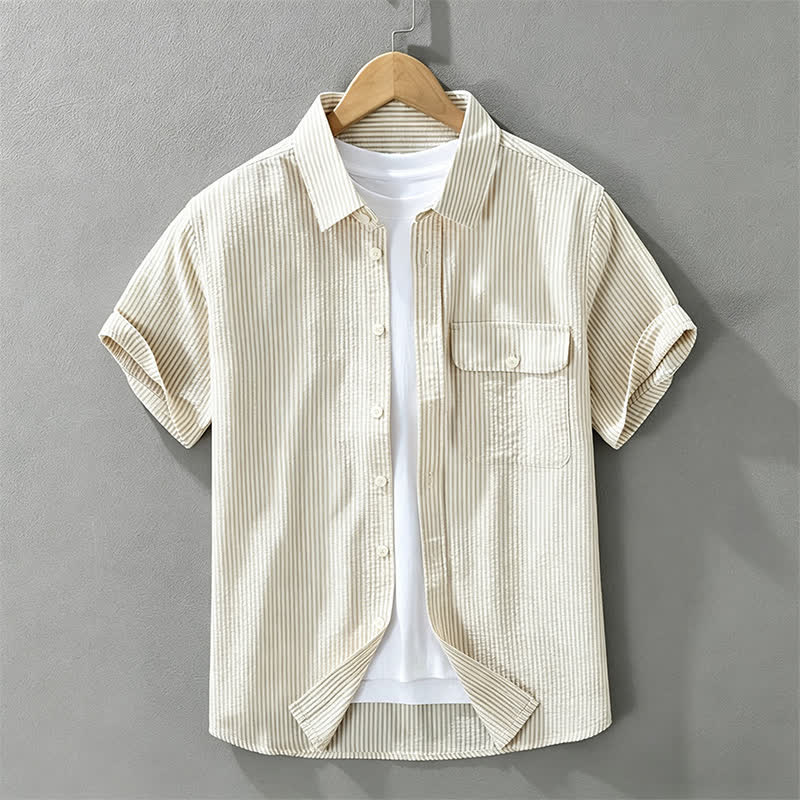 Nimara Ritual Summer Casual Button-Up Striped Cotton Men's Short Sleeve Shirts With Decorative Pocket