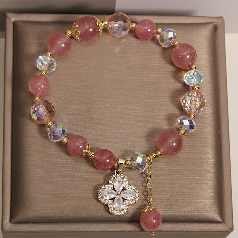 Love and Healing Strawberry Quartz Clover Beaded Tassel Bracelet