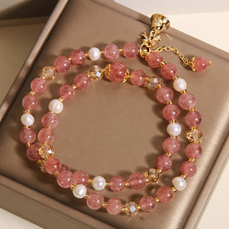 Nimara Ritual Strawberry Quartz Pearl Butterfly Love Double Wrap Bracelet