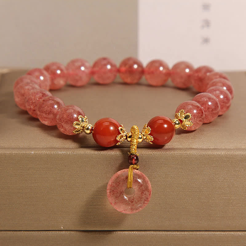 Nimara Ritual Strawberry Quartz Peace Buckle Love Round Beaded Bracelet