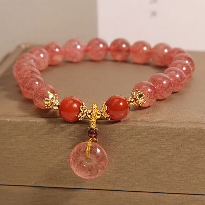 Nimara Ritual Strawberry Quartz Peace Buckle Love Round Beaded Bracelet