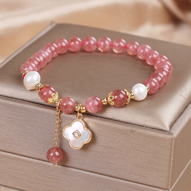 Nimara Ritual Strawberry Quartz Pearl Shell Four-Leaf Clover Love Round Bead Bracelet