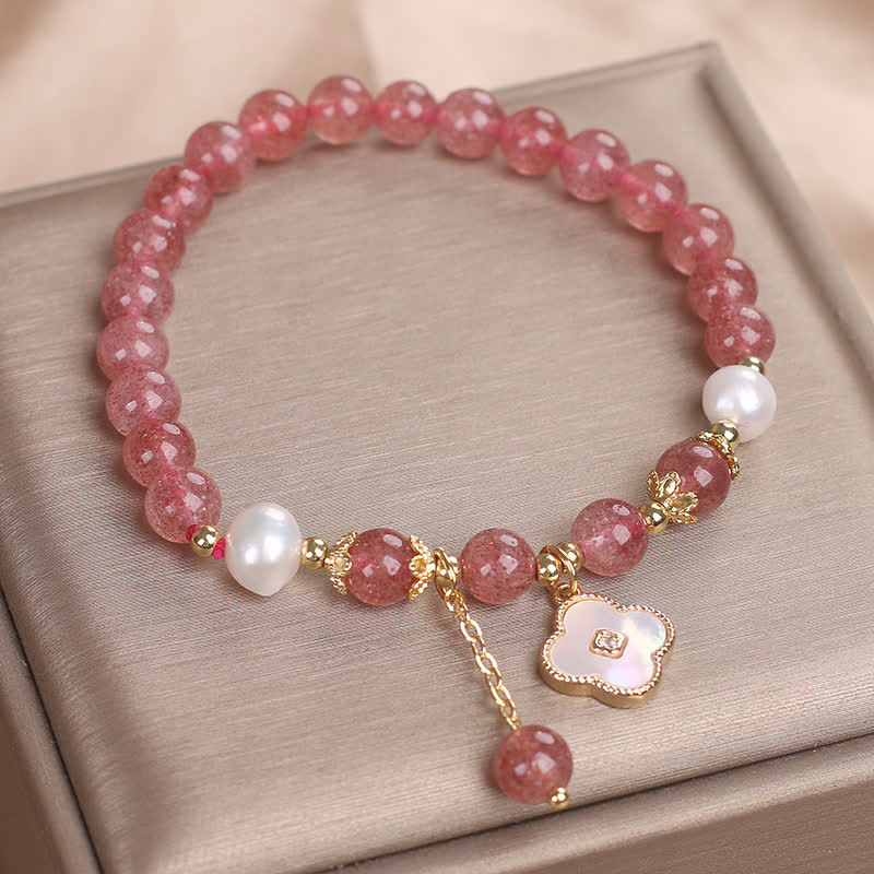 Nimara Ritual Strawberry Quartz Pearl Shell Four-Leaf Clover Love Round Bead Bracelet