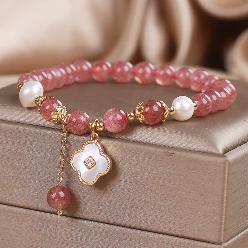 Nimara Ritual Strawberry Quartz Pearl Shell Four-Leaf Clover Love Round Bead Bracelet