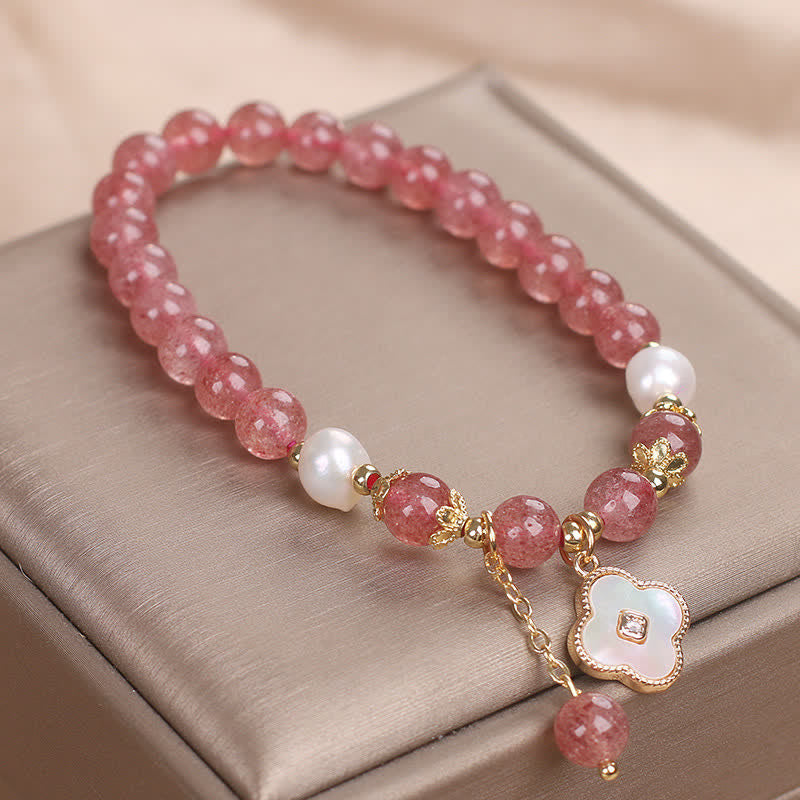 Nimara Ritual Strawberry Quartz Pearl Shell Four-Leaf Clover Love Round Bead Bracelet