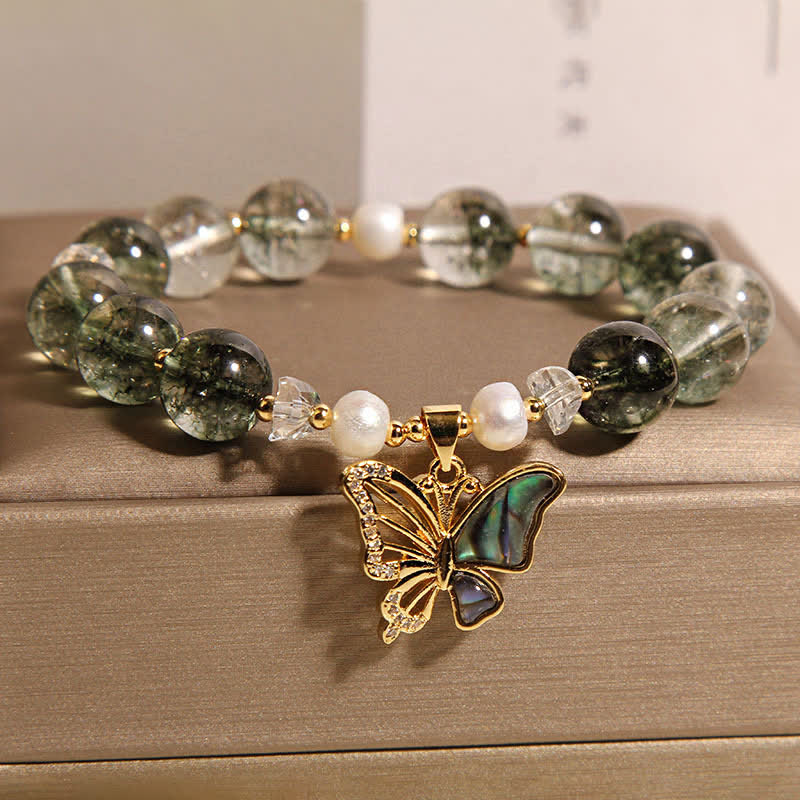 Nimara Ritual Green Phantom Pearl Accent Butterfly Growth Beaded Bracelet