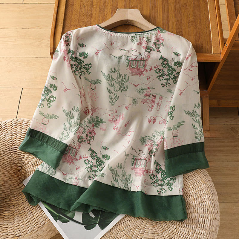 Nimara Ritual Summer Tang Style Frog Button Floral Pavilion Women's Elbow-Length Sleeve Shirts
