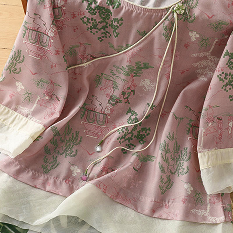 Nimara Ritual Summer Tang Style Frog Button Floral Pavilion Women's Elbow-Length Sleeve Shirts