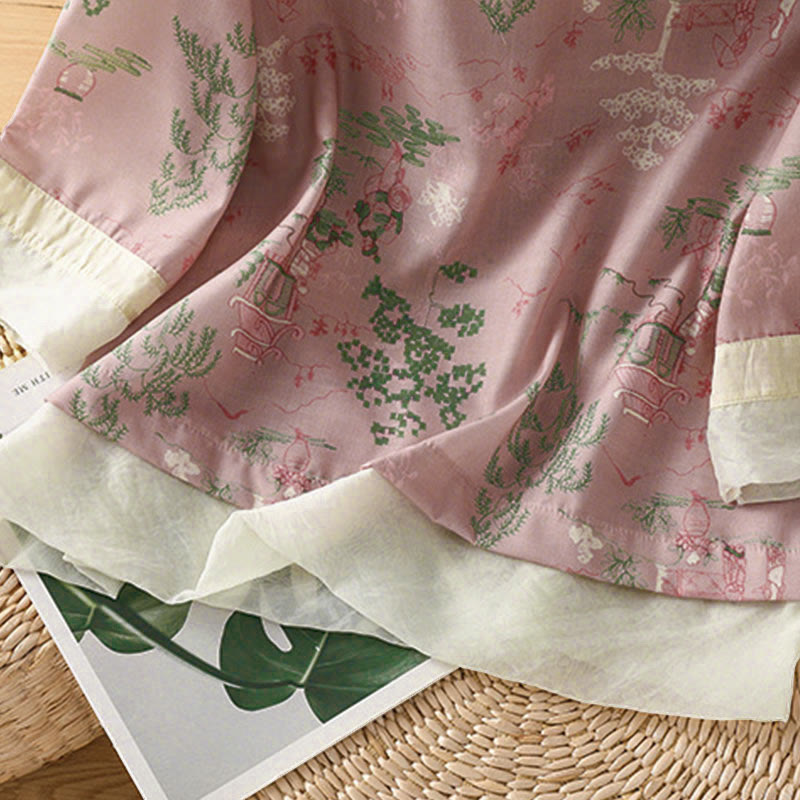 Nimara Ritual Summer Tang Style Frog Button Floral Pavilion Women's Elbow-Length Sleeve Shirts