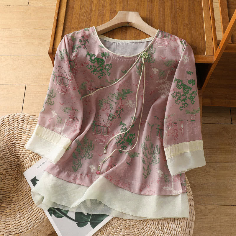 Nimara Ritual Summer Tang Style Frog Button Floral Pavilion Women's Elbow-Length Sleeve Shirts
