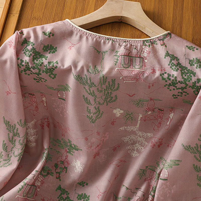 Nimara Ritual Summer Tang Style Frog Button Floral Pavilion Women's Elbow-Length Sleeve Shirts