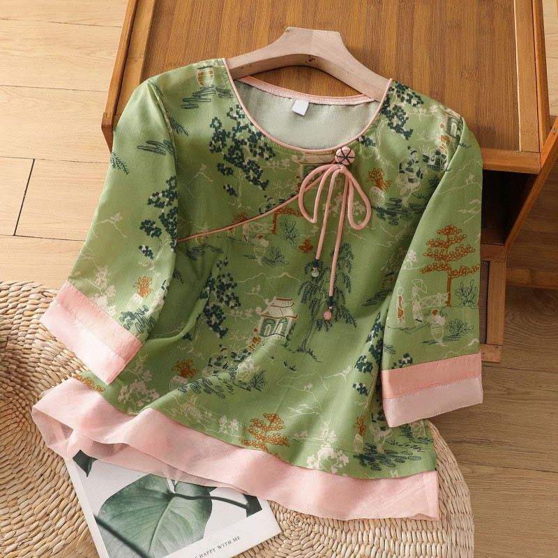 Nimara Ritual Summer Tang Style Frog Button Floral Pavilion Women's Elbow-Length Sleeve Shirts